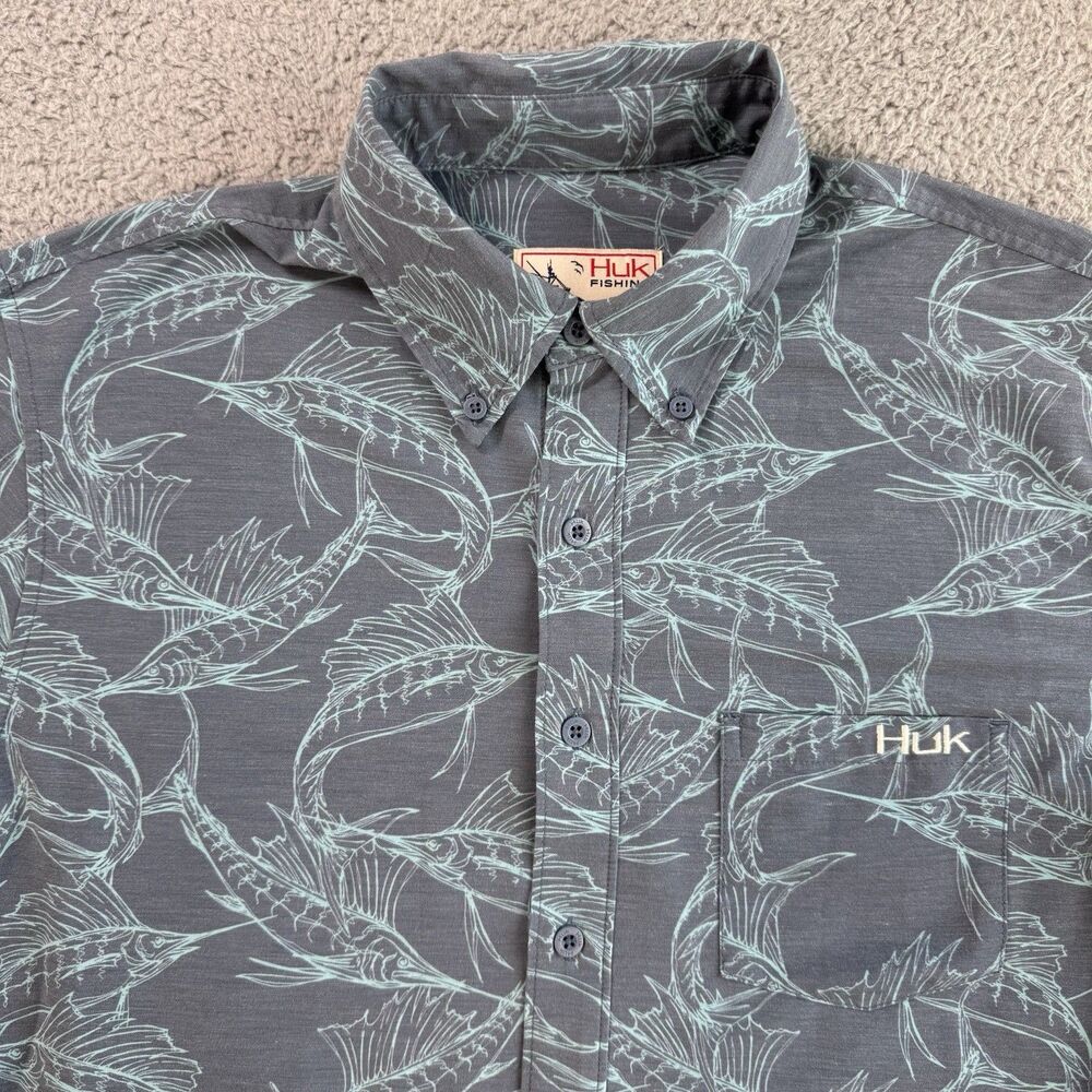 Huk Shirt Mens S Blue Short Sleeve Button Down Performance Outdoors Fishing